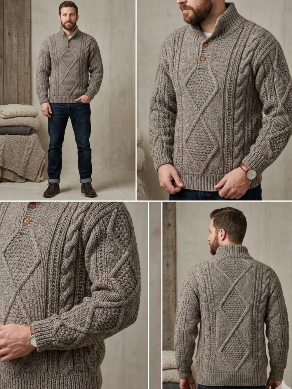 Vintage Heavy Chunky Nueva Cable Knit Sweater - Mock Neck Button Pullover